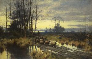 Schafherde In Abendlicher Moorlandschaft by Otto Struttzel