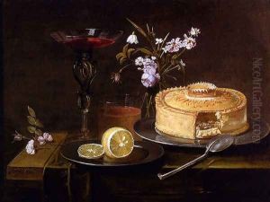 A Still Life Of A Pie And Sliced Lemon On Pewter Dishes, A Vase Of Flowers, A Glass Of Beer And A Wine Glass Upon A Partly Draped Table by Frans Ykens