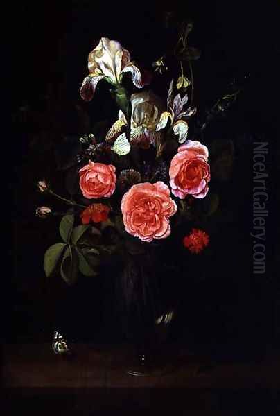 Flowers in a Glass vase with a butterfly on a ledge - view 1