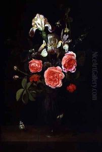 Flowers in a Glass vase with a butterfly on a ledge by Frans Ykens