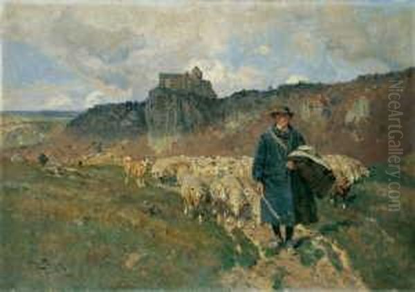 Ein Schafer Mit Seiner Herde Im 
Altmuhltal. Im Hintergrund Die Hochgelegene Burg Prunn. Signiert Und 
Datiert Unten Links: Otto Strutzel 1908/mchn. Ol Auf Leinwand. H 70; B 
100 Cm. - view 1