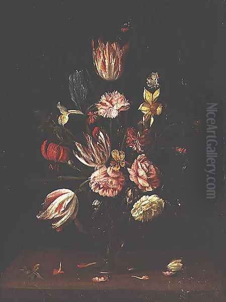 Tulips, roses, an iris and a daffodil - view 1