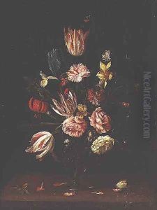 Tulips, roses, an iris and a daffodil by Frans Ykens