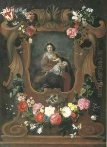 The Virgin and Child with the young Saint John the Baptist, surrounded by a cartouche with floral garlands by Frans Ykens