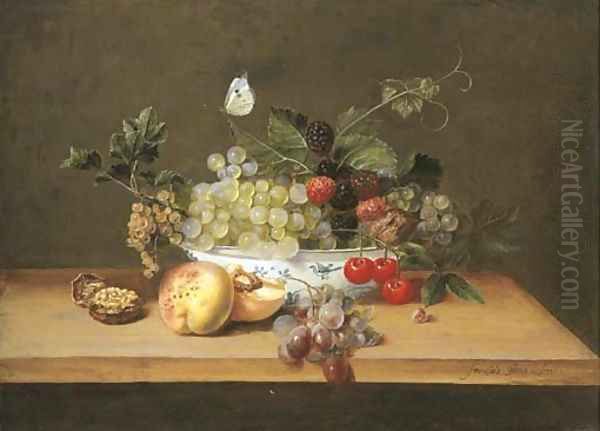 Grapes on the vine, whitecurrants, blackberries, cherries and a walnut in a porcelain bowl with peaches, grapes and a walnut - view 1