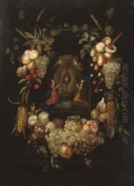 A garland of fruits surrounding a niche with angels worshipping the monstrance - view 1
