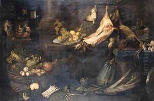 A kitchen with dead snipe, a leg of ham and a dead hare hanging from hooks above stone ledges with dead songbirds in a copper bucket by Frans Ykens