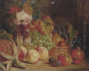 Grapes, Apples, Peaches, Roses, Pears, A Pineapple, And A Ceramic Jug, On A Wooden Ledge by William Stuart