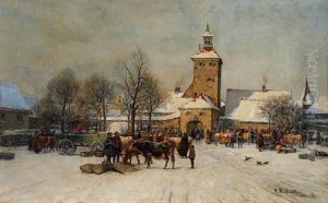 Wochenmarkt Vor Einem Stadttor Im Winter