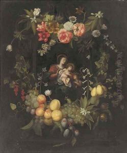The Virgin and Child surrounded by a cartouche of flowers and fruit by Frans Ykens
