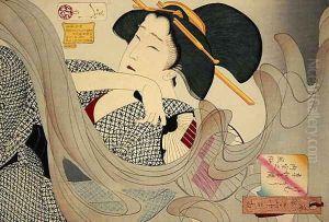 Looking Smoky. A Housewife of the Kyowa Era Kemuso Kyowa nenkan naishitsu no fuzoku, 1880 by Tsukioka Yoshitoshi