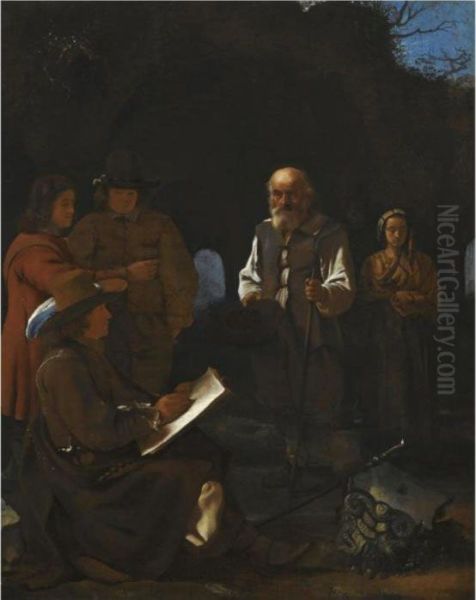 A Young Artist Seated Drawing 
Among Roman Ruins, Two Friends Behind Him And A Beggar With His Family 
Before Him - view 1