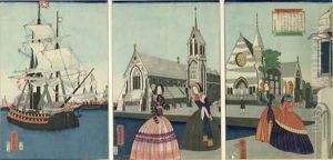 Views of Savage Countries, a port in the United States, pub. 1866 by Utagawa Yoshitora