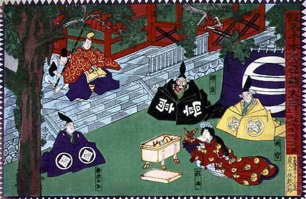 Scene from the 1st act of a kabuki play, 'Kanadehon Chushingura', a tale of revenge based on the forty seven ronin incident of 1703, c.1870 - view 1