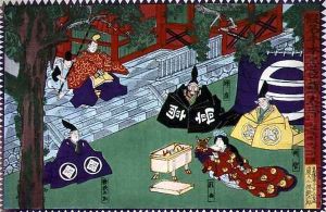 Scene from the 1st act of a kabuki play, 'Kanadehon Chushingura', a tale of revenge based on the forty seven ronin incident of 1703, c.1870