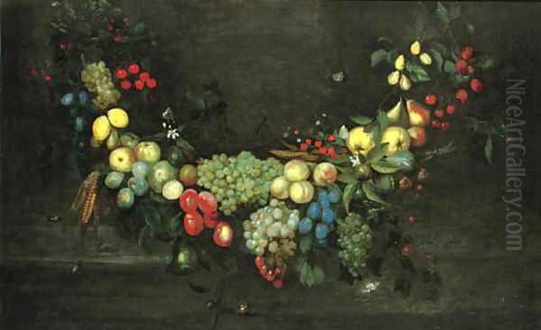 A swag of fruit hanging in a niche, with butterflies, beetles and a snail - view 1