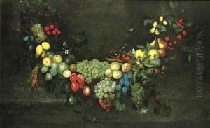A swag of fruit hanging in a niche, with butterflies, beetles and a snail
