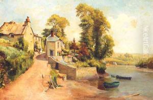 Figures In A Village Street With A River Beyond by Alexander Young