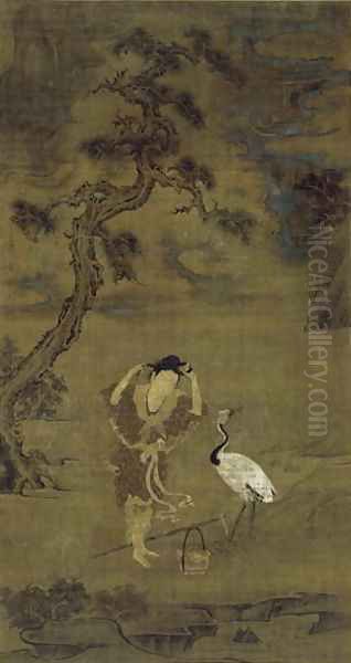 The Daoist Immortal Magu with a Crane and Flower Basket, Yuan Dynasty (ink, colour and gold on silk) - view 1