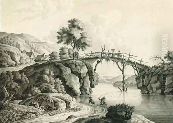 Herders with cattle crossing a bridge with anglers below; and Figures with a horse and cart crossing a bridge - view 1