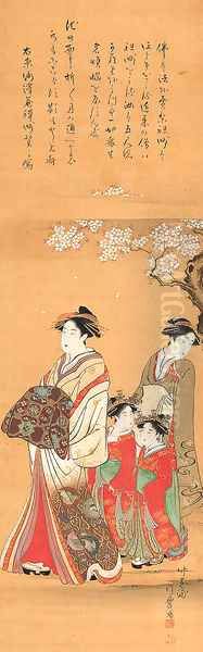 Courtesan and attendants parading under cherry blossoms - view 1