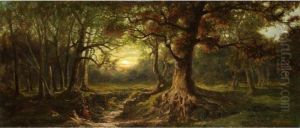 Waldschneise Mit Ausgetrocknetem Bachbett Bei Sonnenuntergang by Karoly Telepy