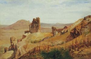 Romantic Landscape With Castle Ruins by Karoly Telepy