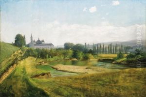 Riverside Landscape With A Castle by Karoly Telepy