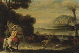 Figures In Oriental Attire On Horseback Hunting Ostriches In An Exotic Landscape by Antonia Tempesta