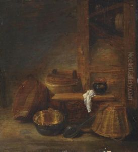A Barrel, An Upturned Basket, A Ladle And A Jug On A Bench - A Fragment