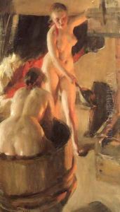 Badande kullor i bastun (Women bathing in the sauna) by Anders Zorn