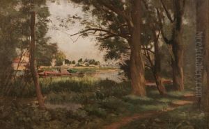 Paesaggio Fluviale Con Alberi E Barcone