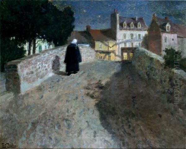 Le Soir A Quimperle, Bretonne Sur Le Pont - view 1