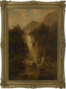 Waterfall In An Alpine Landscape by Josef Thoma