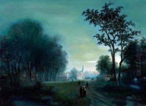 Wandelaars Aan Een Dorpsrand Bij Maanlicht by Pieter Hendrik Thomas