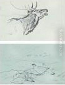 Study Of A Stag's Head; And Partridge In A Landscape