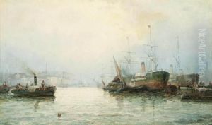 A Misty Morning On The Thames by William A. Thornley or Thornbery