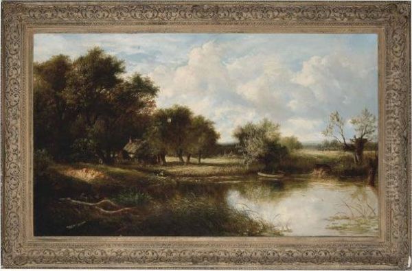 An Angler In An Extensive River Landscape With Cottages And Cattle - view 1
