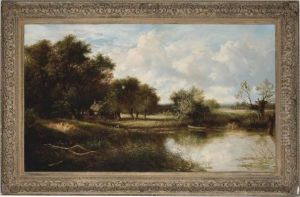 An Angler In An Extensive River Landscape With Cottages And Cattle by Joseph Thors