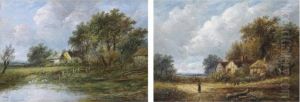 Figures Before Ducks On A Pond; 
And A Figure On A Country Path With Chickens Outside A Cottage