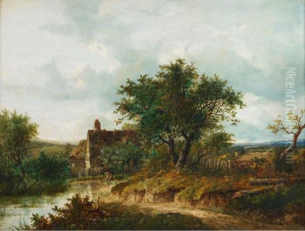 Boys And Their Dog By A Cottage Pond - view 1