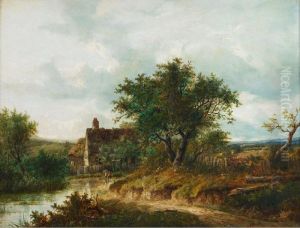 Boys And Their Dog By A Cottage Pond by Joseph Thors