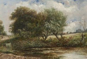 A Shepherd And His Flock Passing A Stream