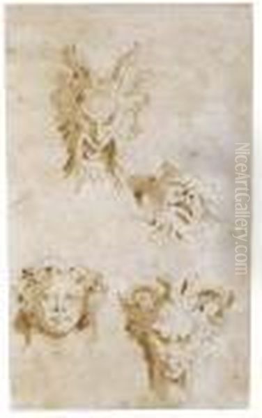 A Sheet Of Four Head Studies: Three Satyrs And Bacchus - view 1