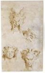 A Sheet Of Four Head Studies: Three Satyrs And Bacchus