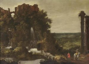 A Landscape With A Waterfall And Elegantly Dressed Travellers On A Path by Johannes Tilens
