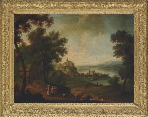 An Extensive River Landscape With Peasants On A Track, Houses Beyond - view 1