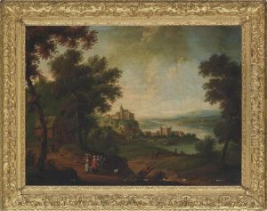 An Extensive River Landscape With Peasants On A Track, Houses Beyond
