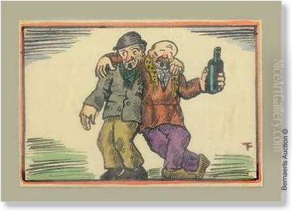 Drinkebroers. Stifttekening. Ingekleurd Met Aquarel. Gemonogrammeerd 'f'. In Kader - view 1