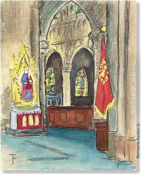 Binnenzicht Van De St.-gummarus
Kerk Te Lier. Zwart Krijt, Aquarel En Gouache. Gemonogrammeerd 'f'. In
Kader - view 1